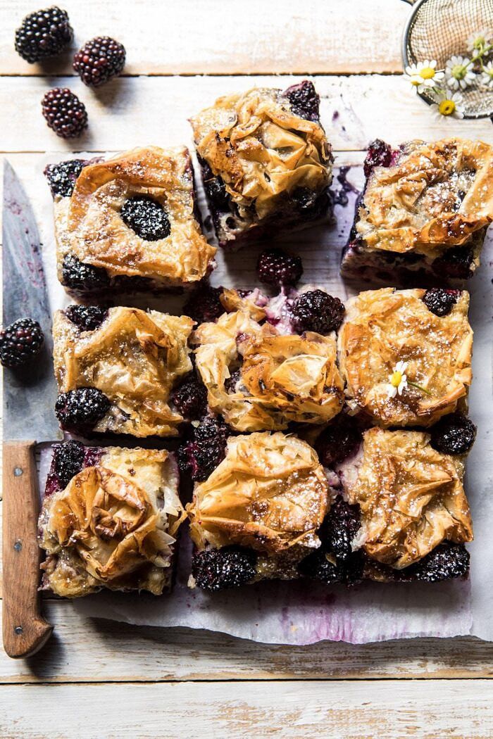 overhead photo of Blackberry Ruffled Milk Pie 