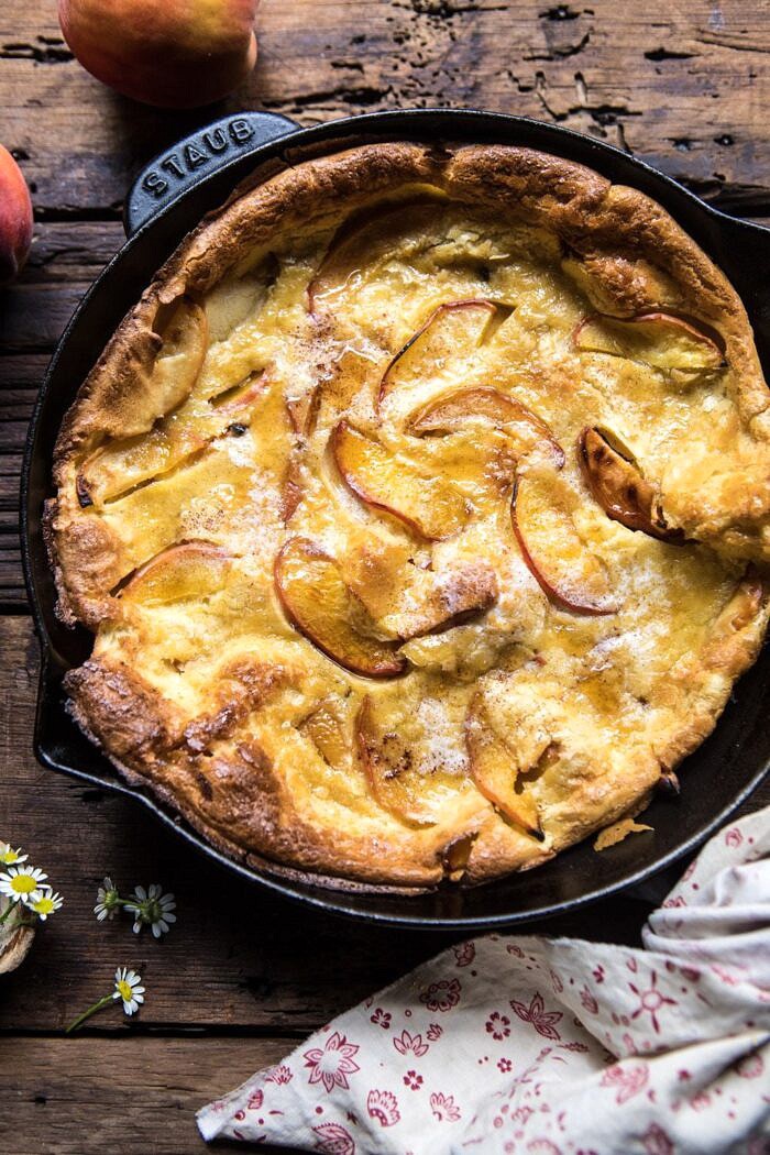 Browned Butter Cinnamon Peach Dutch Baby | halfbakedharvest.com #breakfast #brunch #peaches #peach #summer #pancake #easy