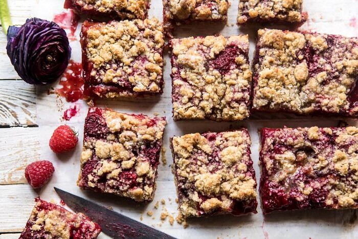 overhead horizontal photo of Buttery Raspberry Crumble Bars 