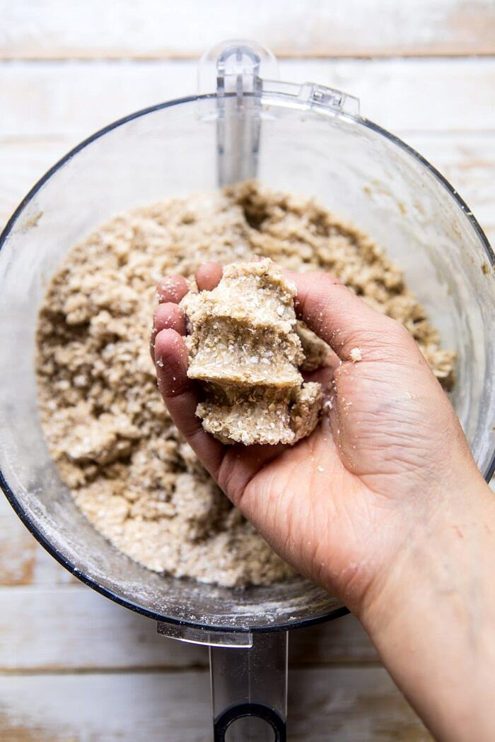 photo of crumb mix clumped together in hand
