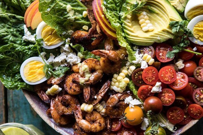 Chipotle Shrimp Cobb Salad with Jalapeno Corn Vinaigrette | halfbakedharvest.com #shrimp #salad #summerrecipes #mexican horizontal photo of Chipotle Shrimp Cobb Salad with Jalapeno Corn Vinaigrette
