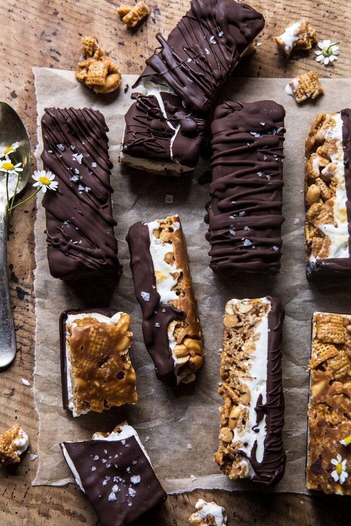 Chocolate Caramel Crunch Ice Cream Bars | halfbakedharvest.com #cereal #chocolate #icecream #dessert #summer overhead photo of Chocolate Caramel Crunch Ice Cream Bars
