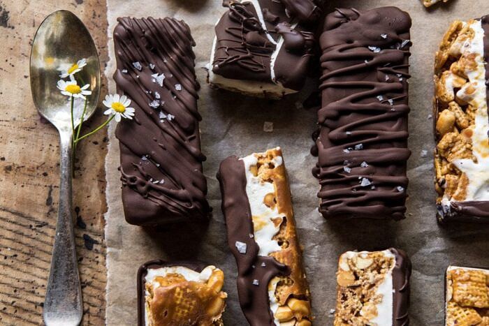 Chocolate Caramel Crunch Ice Cream Bars | halfbakedharvest.com #cereal #chocolate #icecream #dessert #summer horizontal photo of Chocolate Caramel Crunch Ice Cream Bars