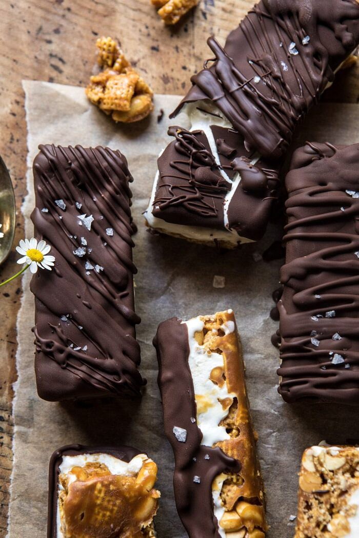 Chocolate Caramel Crunch Ice Cream Bars | halfbakedharvest.com #cereal #chocolate #icecream #dessert #summer close overhead photo of Chocolate Caramel Crunch Ice Cream Bars