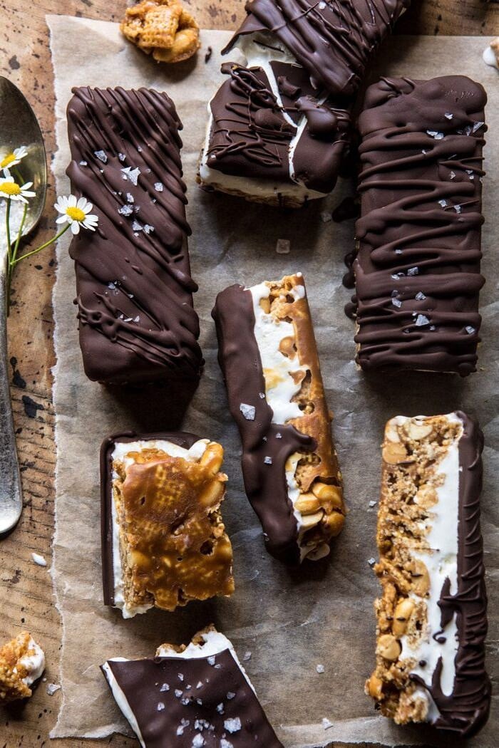 Chocolate Caramel Crunch Ice Cream Bars | halfbakedharvest.com #cereal #chocolate #icecream #dessert #summer close up overhead photo of Chocolate Caramel Crunch Ice Cream Bars
