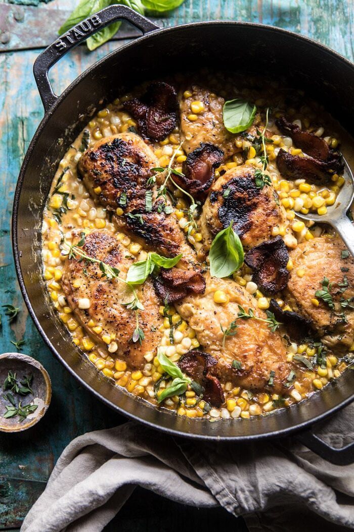 Garlic Butter Creamed Corn Chicken | halfbakedharvest.com #chicken #corn #summer #easy #dinner
