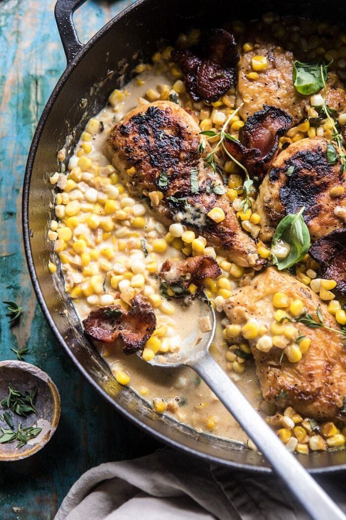 Garlic Butter Creamed Corn Chicken | halfbakedharvest.com #chicken #corn #summer #easy #dinner