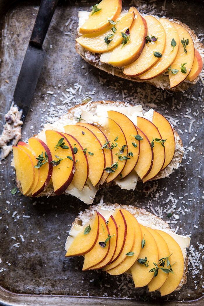 overhead close up photo Honey, Peach, and Brie Panini with Bacon Butter without tops of bread before cooking