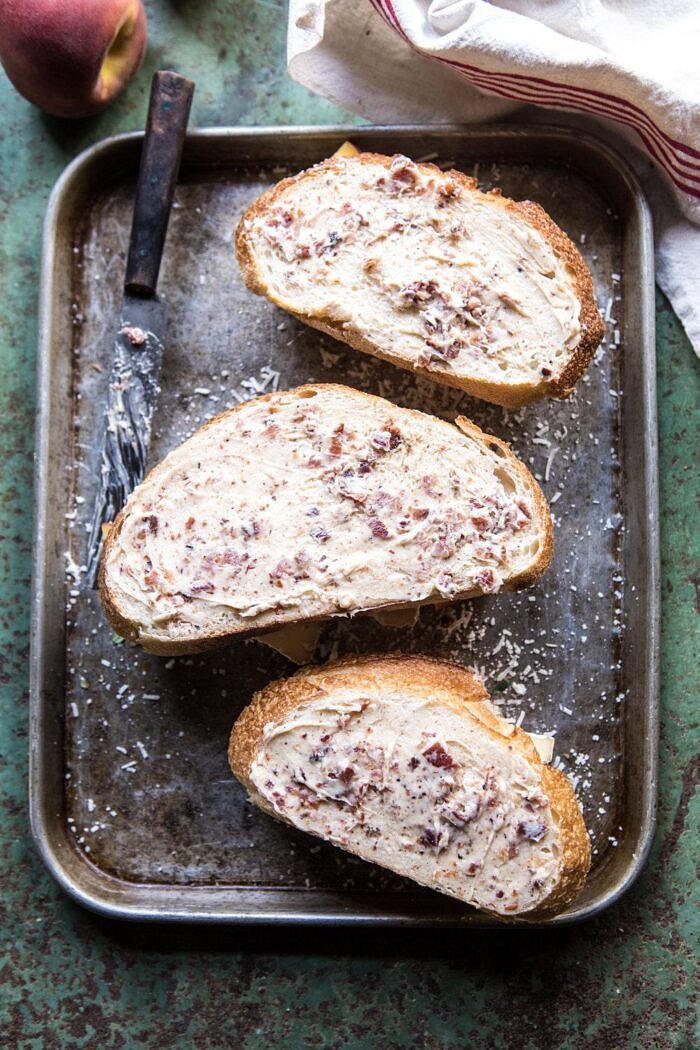 overhead photo of Honey, Peach, and Brie Panini with Bacon Butter before cooking