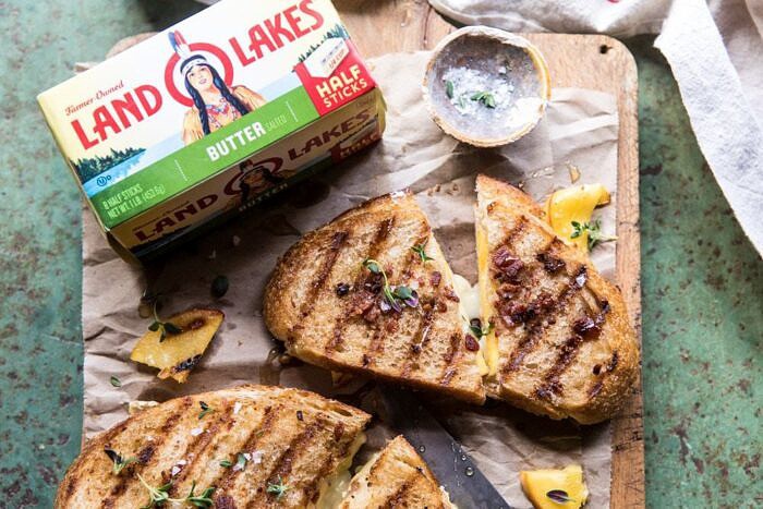 overhead horizontal photo of Honey, Peach, and Brie Panini with Bacon Butter