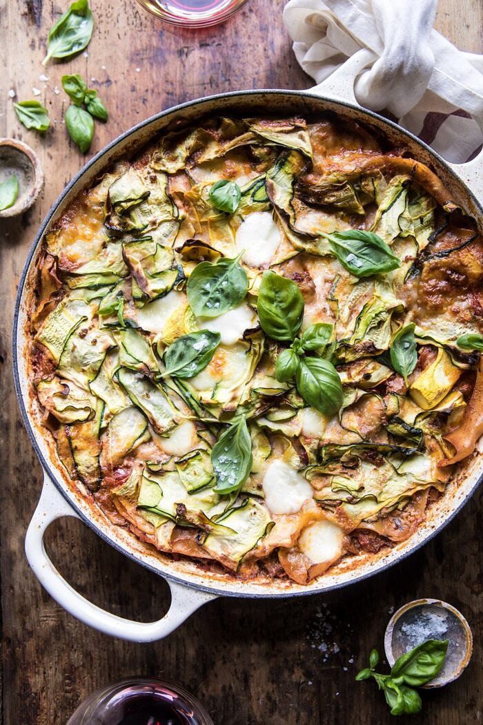 One Pan Zucchini and 3 Cheese Lasagna | halfbakedharvest.com #healthy #summerrecipes #onepan #pasta overhead photo of One Pan Zucchini and 3 Cheese Lasagna