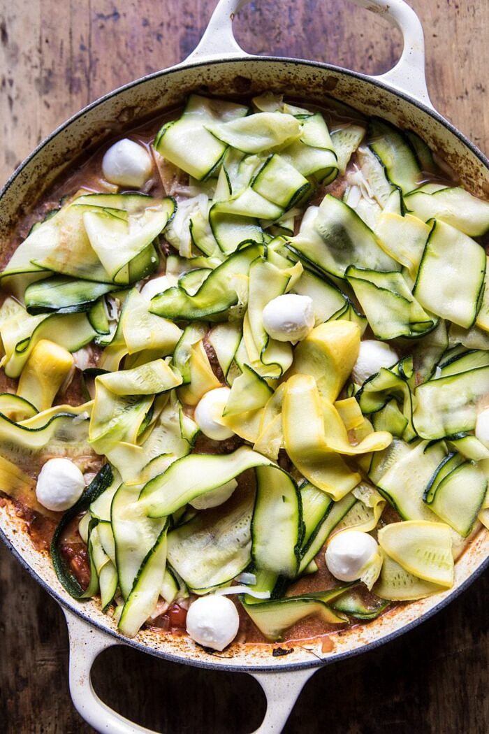 One Pan Zucchini and 3 Cheese Lasagna | halfbakedharvest.com #healthy #summerrecipes #onepan #pasta overhead photo One Pan Zucchini and 3 Cheese Lasagna before baking