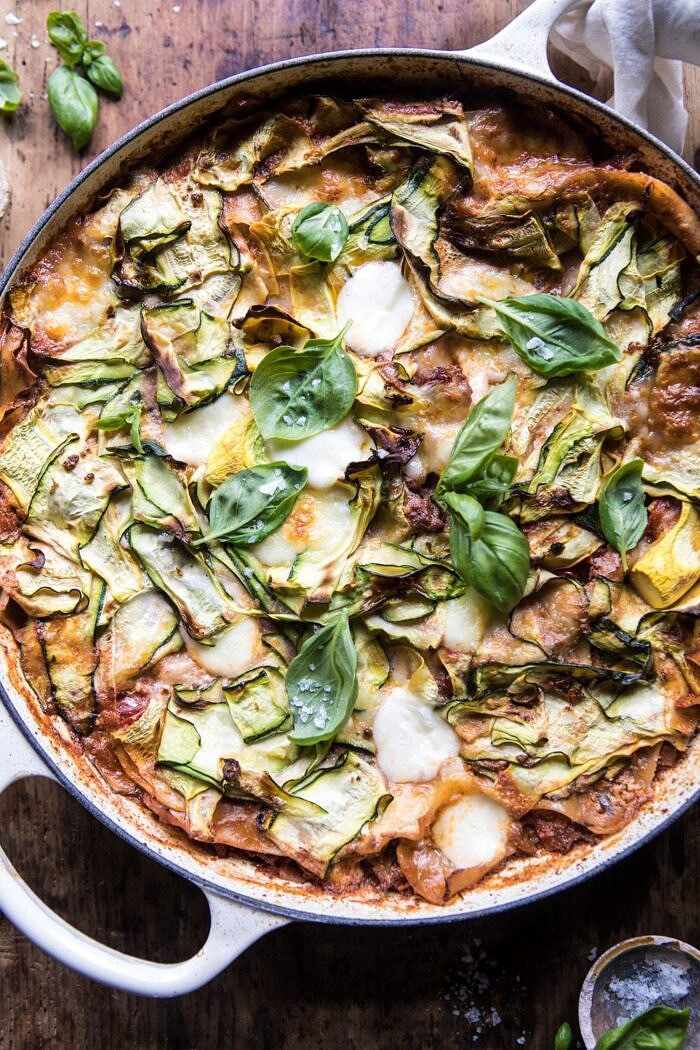 One Pan Zucchini and 3 Cheese Lasagna | halfbakedharvest.com #healthy #summerrecipes #onepan #pasta overhead close up photo One Pan Zucchini and 3 Cheese Lasagna