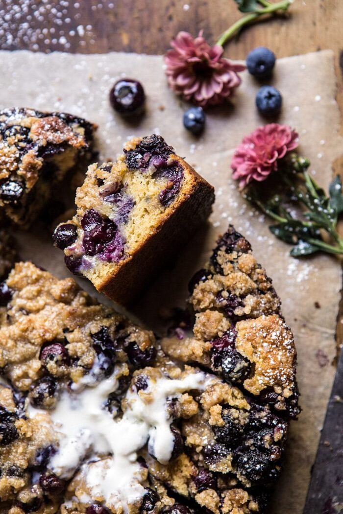 close up photo of Bursting Blueberry Cardamom Buckle cake piece 