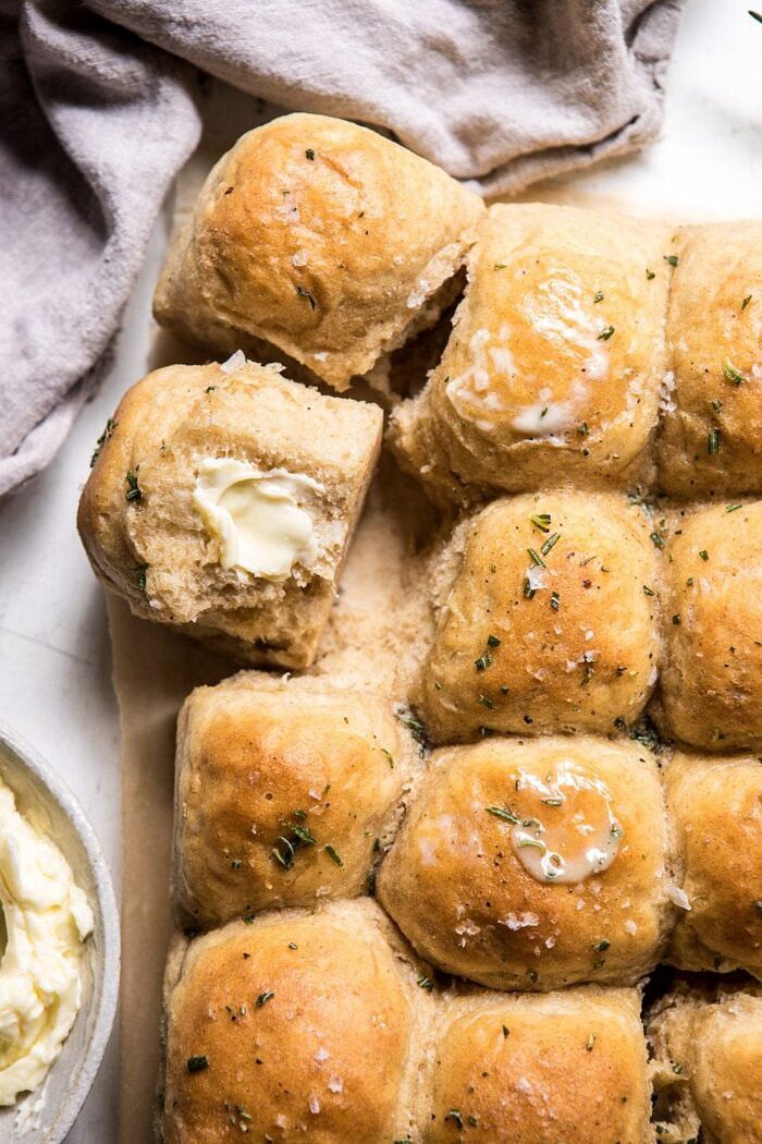 overhead close up photo of Buttery Pull Apart Whole Wheat Potato Rolls 