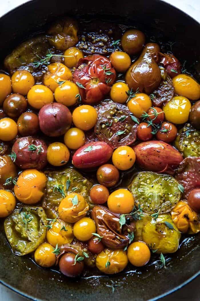 overhead photo of tomatoes in skillet 
