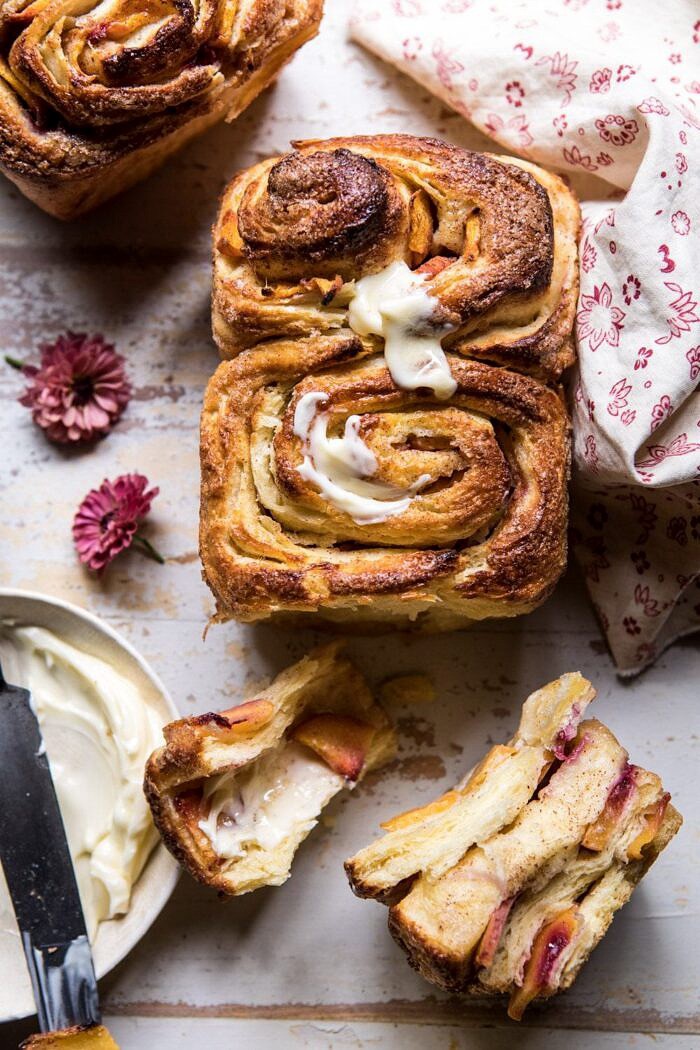 Flaky Pull Apart Cinnamon Peach Brioche Bread | halfbakedharvest.com #bread #brunch #breakfast #peaches #summer #baking