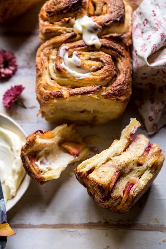 side angled photo of Flaky Pull Apart Cinnamon Peach Brioche Bread