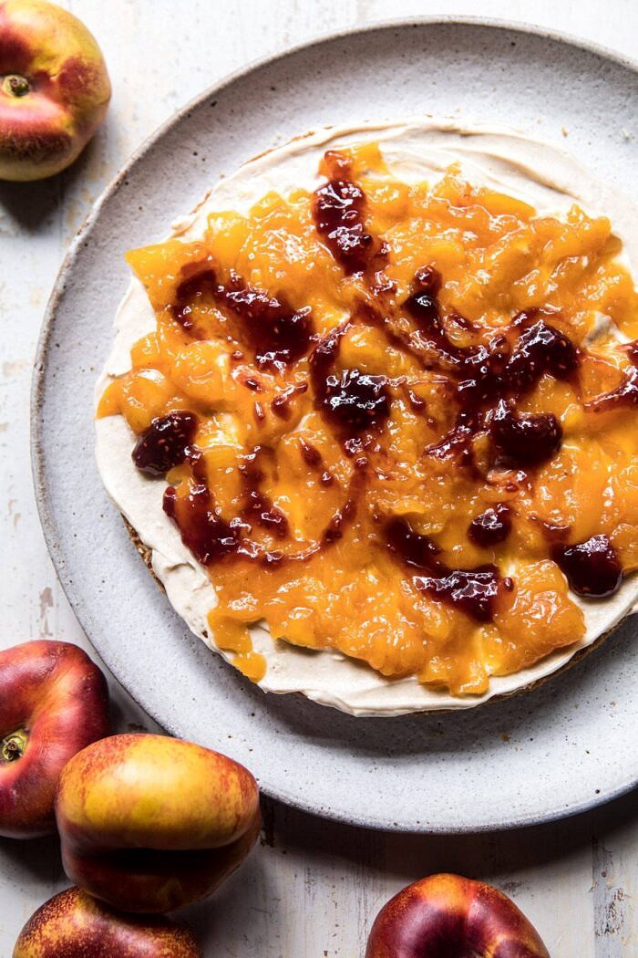 peach and raspberry jam on cake