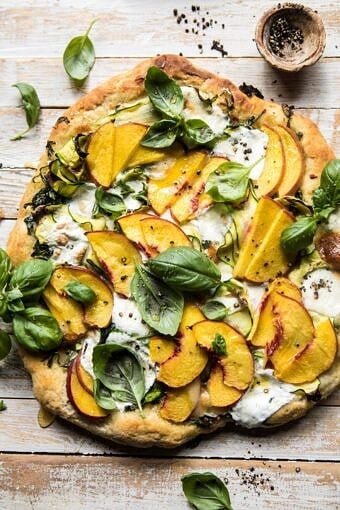 Pesto Zucchini and Peach Pizza with Burrata | halfbakedharvest.com #peach #pizza #summer #easyrecipes
