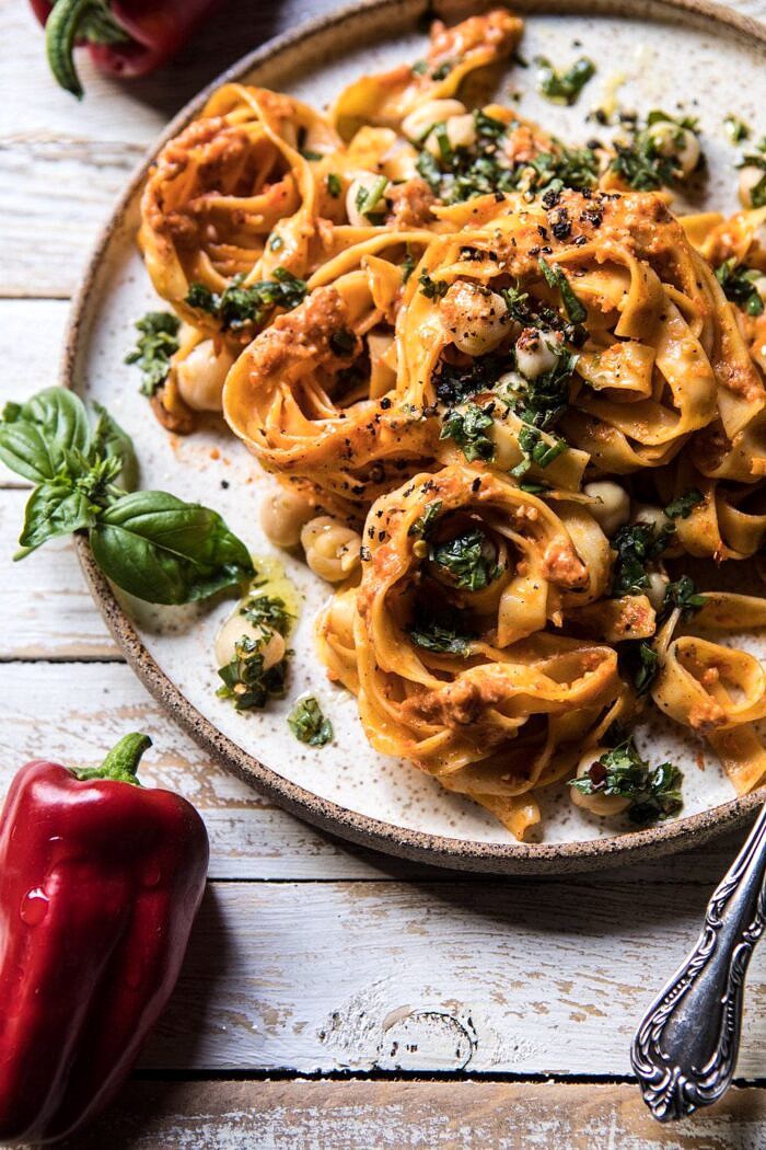 close up side angle photo of Roasted Red Pepper Pasta with White Beans and Basil 