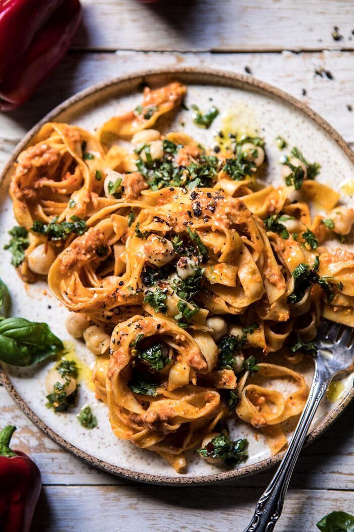 close up overhead photo of Roasted Red Pepper Pasta with White Beans and Basil 