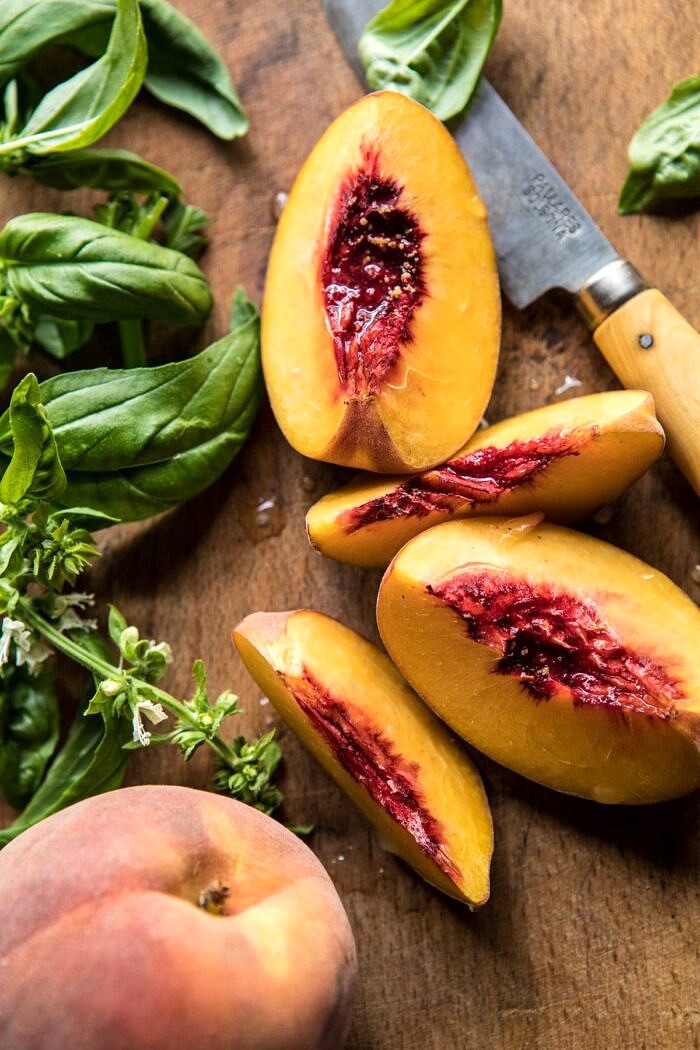 overhead photo of raw peaches