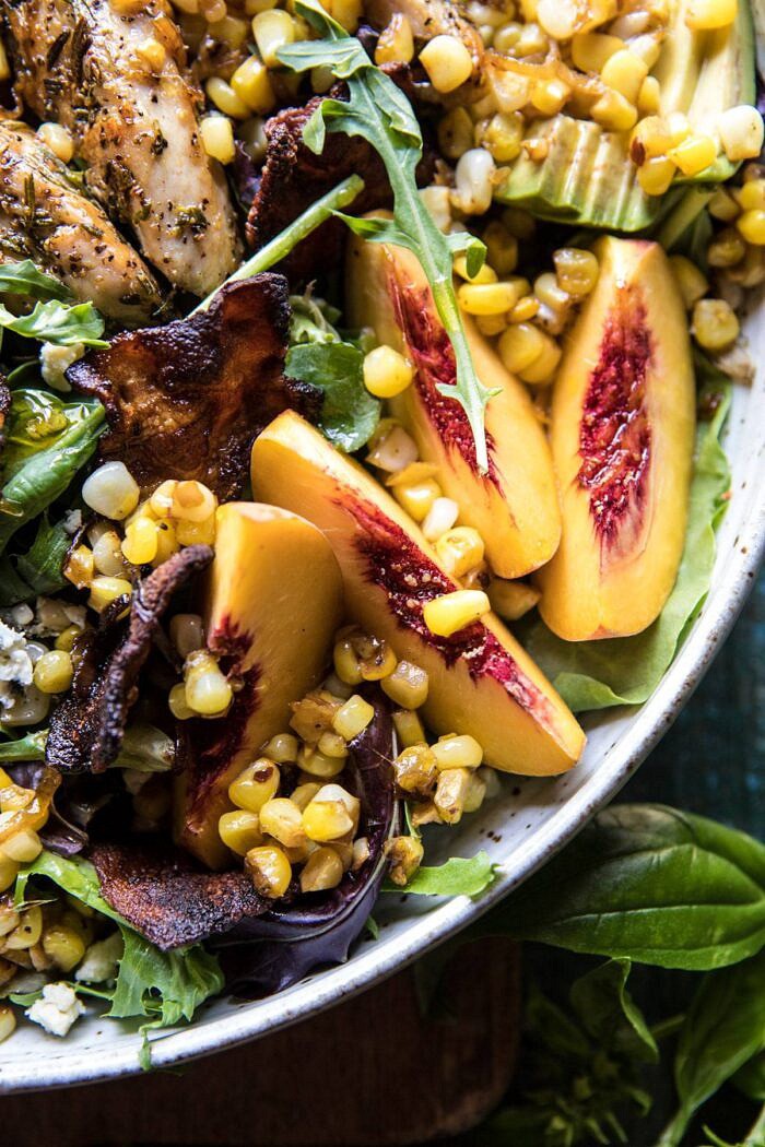 close up photo of Rosemary Chicken, Caramelized Corn, and Peach Salad 