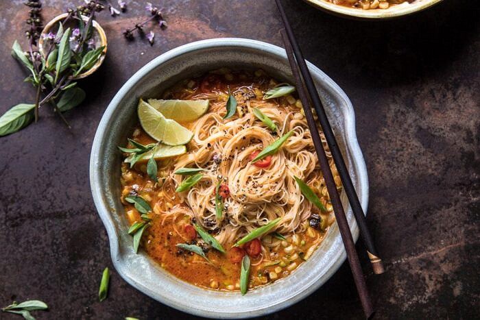 overhead horizontal photo of Saucy Coconut Curry with Rice Noodles and Garden Vegetables