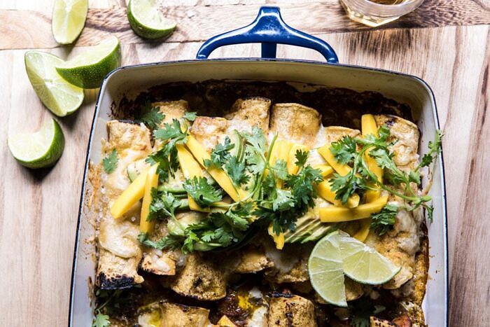 Salsa Verde Chicken and Zucchini Enchiladas with Mango | halfbakedharvest.com #mexican #enchiladas #zucchini #summerrecipes #easy horizontal overhead photo of Salsa Verde Chicken and Zucchini Enchiladas with Mango