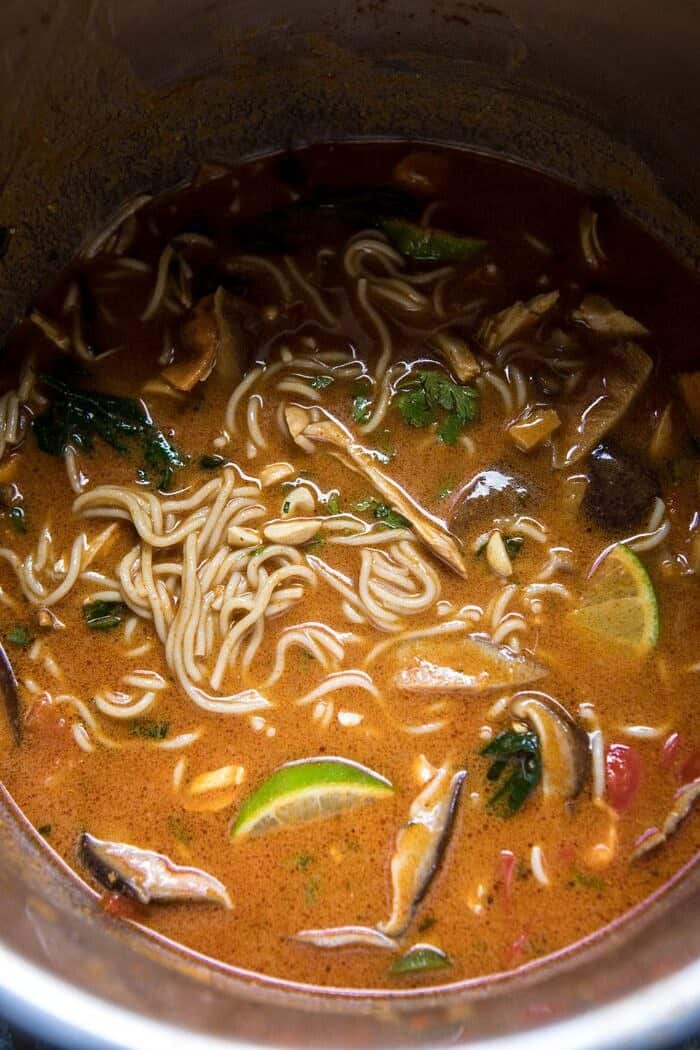 30 Minute Thai Peanut Chicken Ramen | halfbakedharvest.com #soup #instantpot #ramen #fallrecipes 20 Minute Thai Peanut Chicken Ramen in instant pot bowl