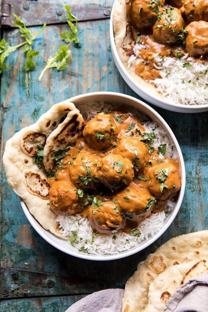 30 Minute Butter Chicken Meatballs | halfbakedharvest.com #meatballs #easyrecipes #Indianrecipes #curry #butterchicken overhead photo of 30 Minute Butter Chicken Meatballs
