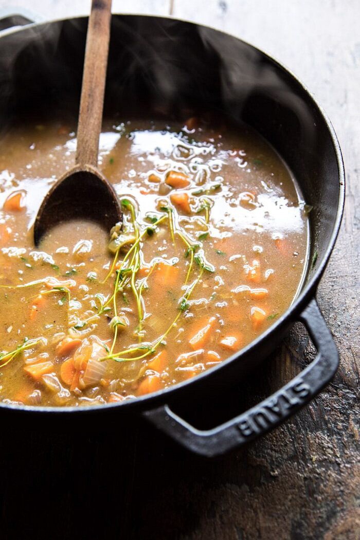Homemade Chicken Noodle Casserole | halfbakedharvest.com #chicken #familyrecipes #easyrecipes #casserole photo of chicken noodle casserole broth before adding noodles and topping