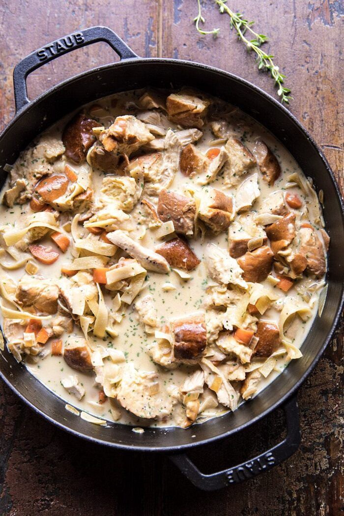 Homemade Chicken Noodle Casserole | halfbakedharvest.com #chicken #familyrecipes #easyrecipes #casserole overhead photo of Homemade Chicken Noodle Casserole before baking