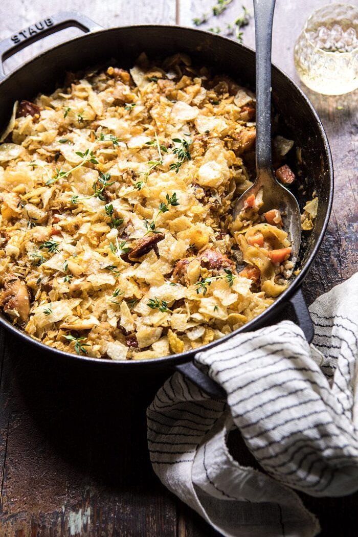 Homemade Chicken Noodle Casserole | halfbakedharvest.com #chicken #familyrecipes #easyrecipes #casserole side angle photo of Homemade Chicken Noodle Casserole