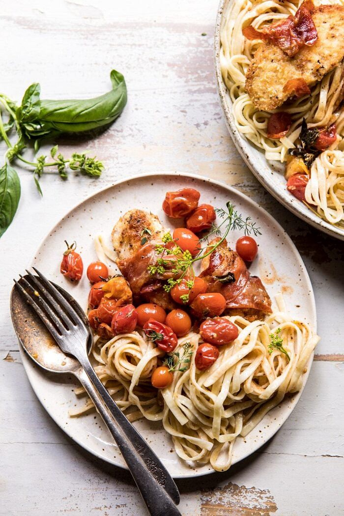 overhead photo of Prosciutto Chicken Parmesan with Garlic Butter Tomato Pasta on plate