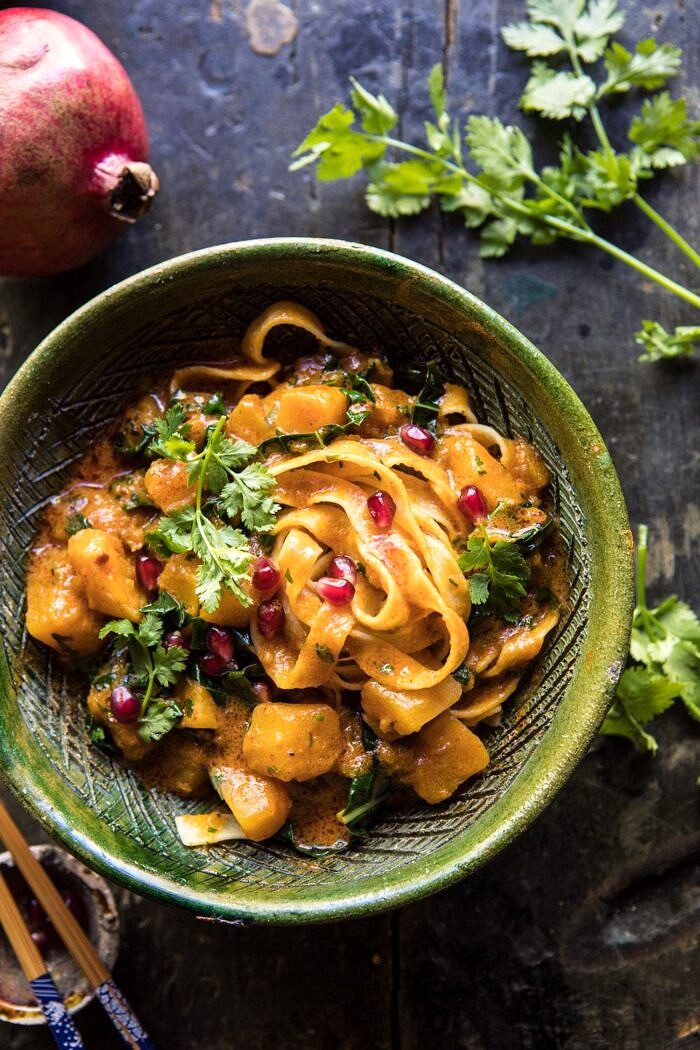 Slow Cooker Saucy Thai Butternut Squash Curry | halfbakedharvest.com #slowcooker #easy #healthy #vegan #fallrecipes close up overhead photo of Slow Cooker Saucy Thai Butternut Squash Curry