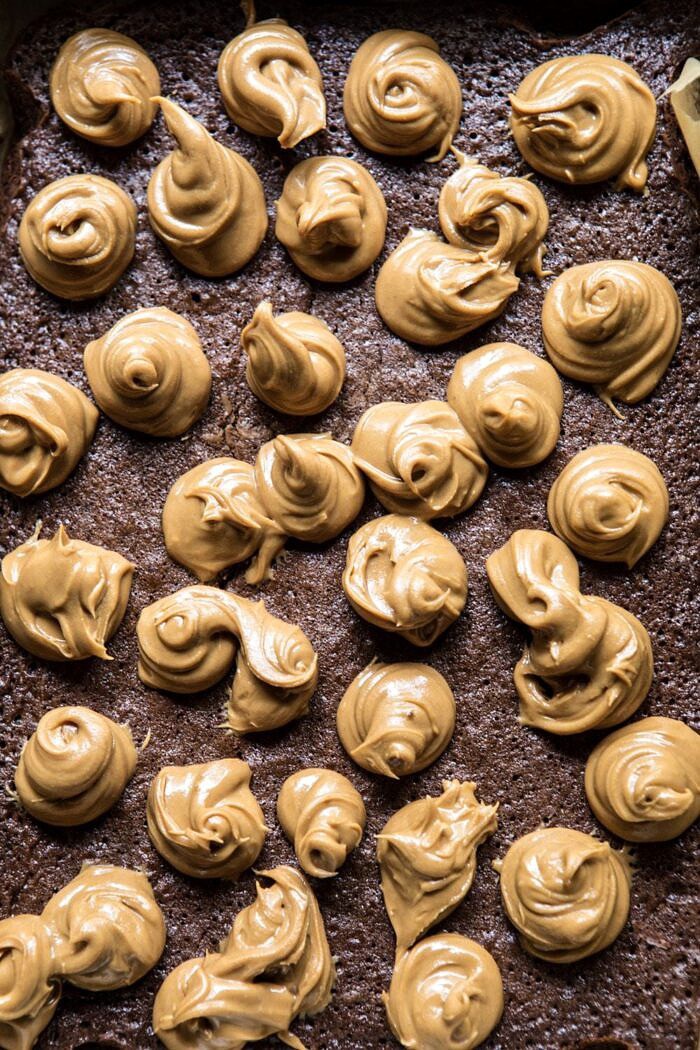 Triple Layer Peanut Butter Crunch Brownies before adding the final layer