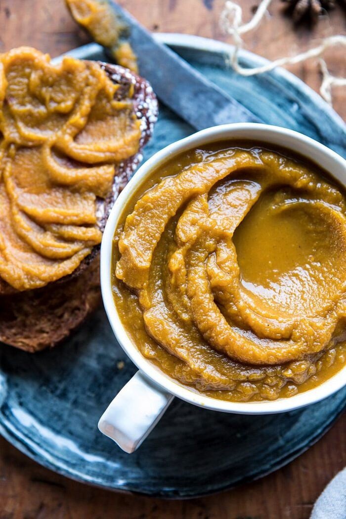 close up overhead photo of 6 Ingredient Spiced Pumpkin Butter 