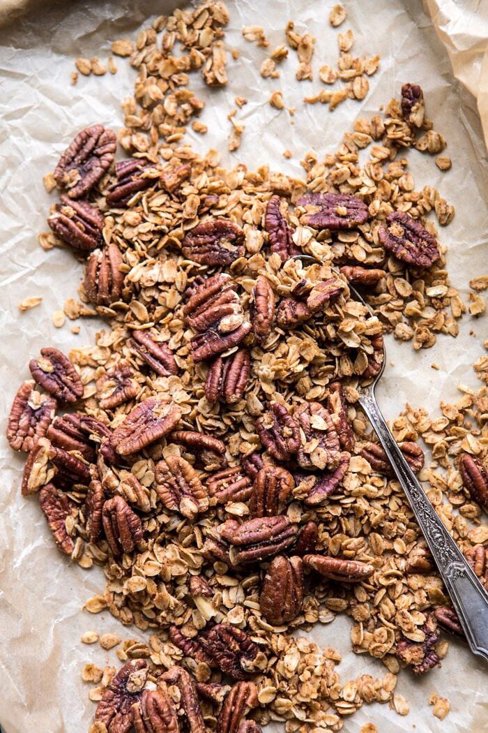 overhead photo of Cinnamon Pecan Crumble on baking sheet 