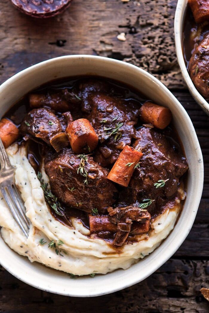 overhead close up photo of Healthier Instant Pot Coq au Vin 