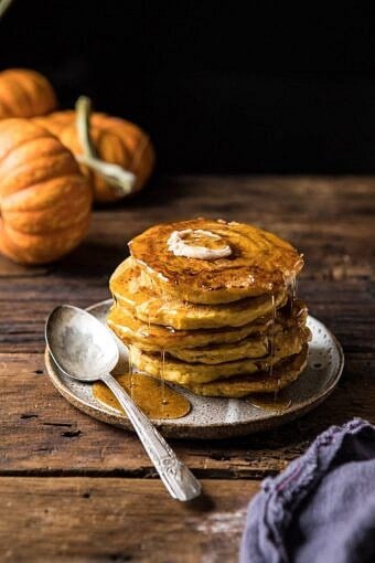 Spiced Pumpkin Cinnamon Roll Pancakes | halfbakedharvest.com #pumpkin #pumpkinpancakes #brunch #breakfast #easyrecipes