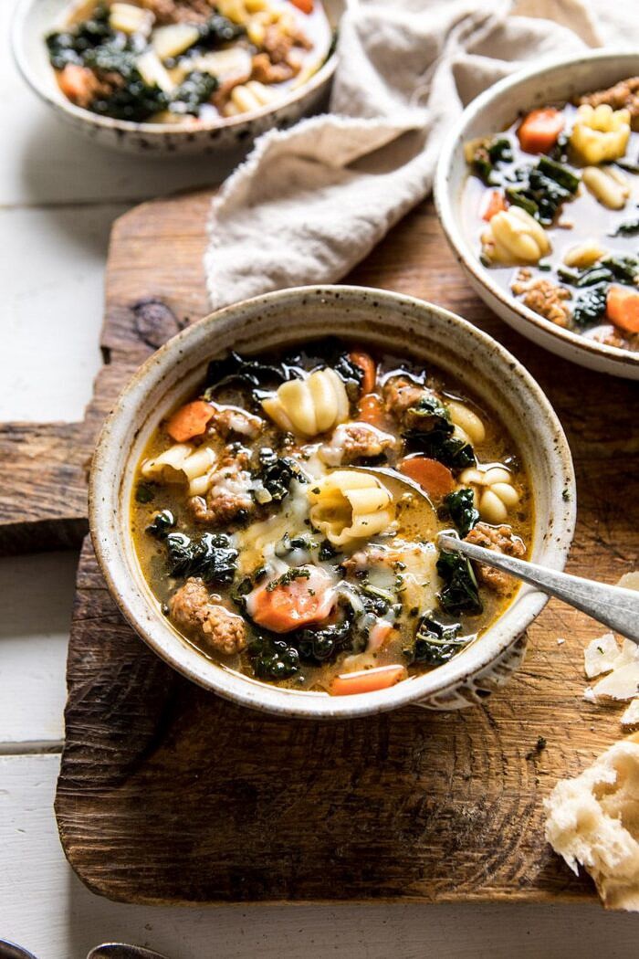 side angle photo of Spicy Italian Pesto Noodle Soup 