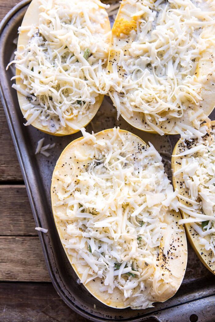 Stuffed Spaghetti Squash 4 Cheese Pesto Lasagna | halfbakedharvest.com #spaghettisquash #italian #easyrecipes #healthy #autumn #fallrecipes