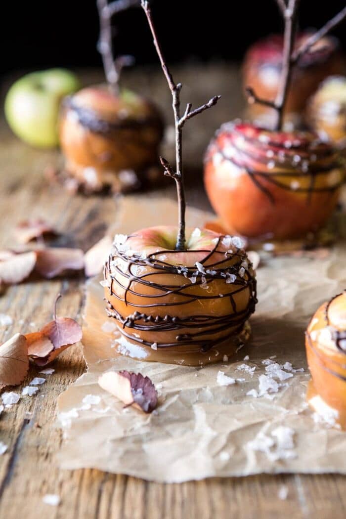 close up photo of Sweet and Salty Chocolate Drizzled Cider Caramel Apples