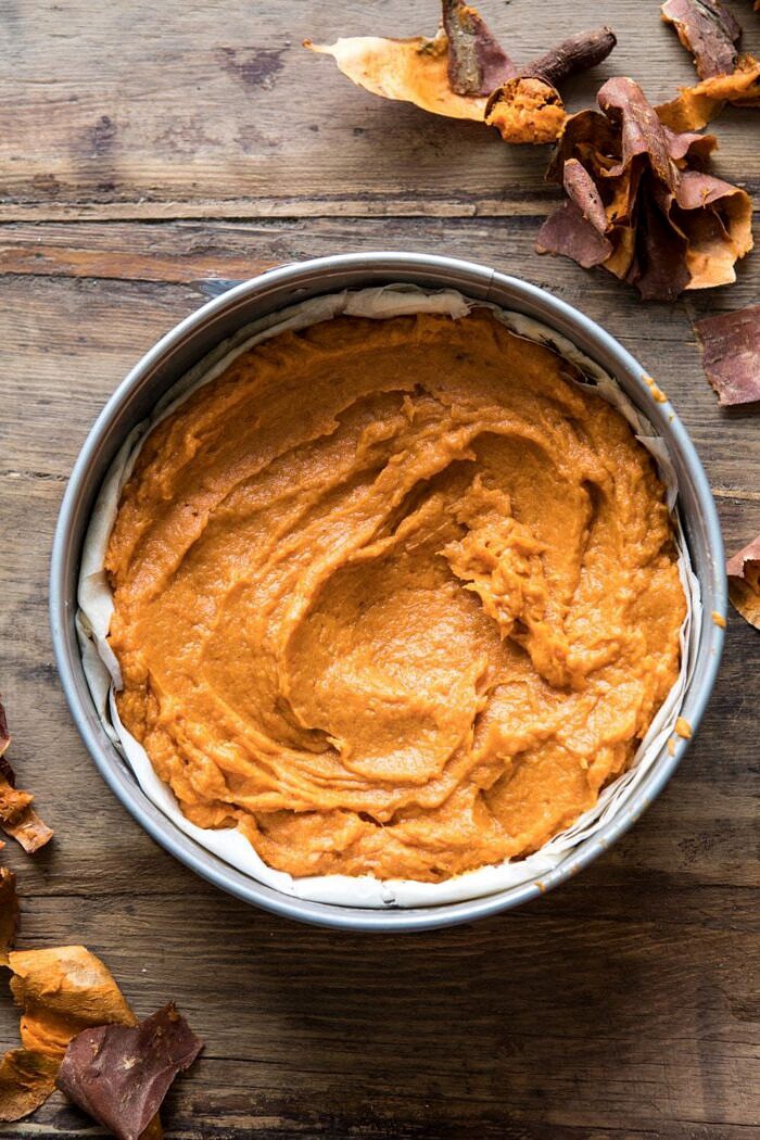 Bourbon Pecan Sweet Potato Phyllo Casserole | halfbakedharvest.com #sweetpotato #thanksgiving #holidayrecipes #fall #autumn Bourbon Pecan Sweet Potato Phyllo Casserole before baking