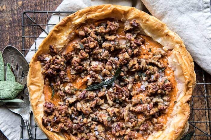 Bourbon Pecan Sweet Potato Phyllo Casserole | halfbakedharvest.com #sweetpotato #thanksgiving #holidayrecipes #fall #autumn horizontal photo of Bourbon Pecan Sweet Potato Phyllo Casserole