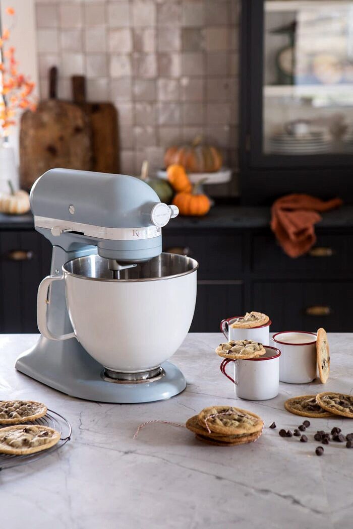 Celebrating 100 Years of KitchenAid | halfbakedharvest.com #giveaway #cookies KitchenAid stand mixer sitting on counter with cookies on counter