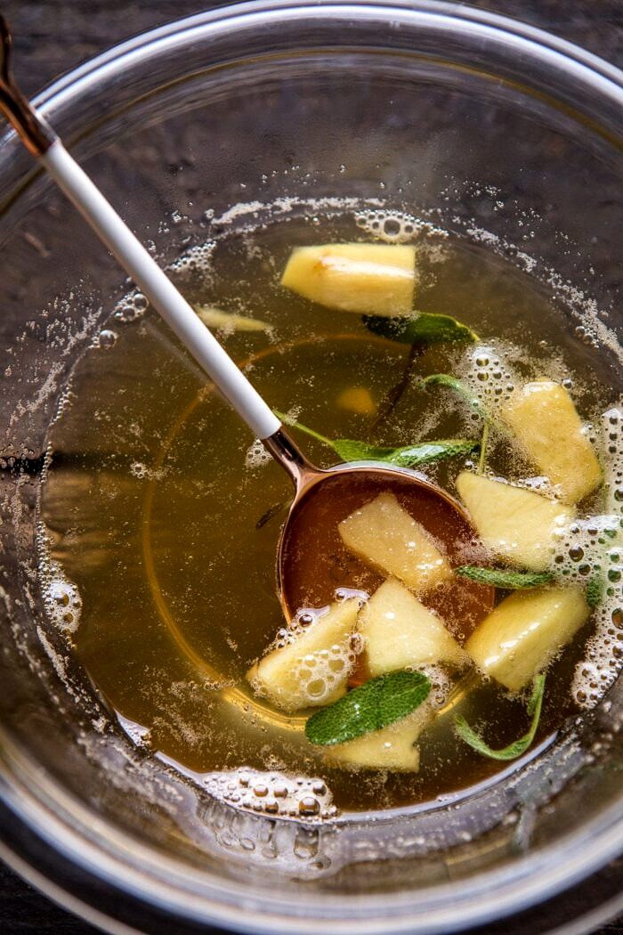 Harvest Apple Ginger Spritz | halfbakedharvest.com #fall #thanksgiving #apples #drinks #cocktails overhead photo of ginger sage syrup