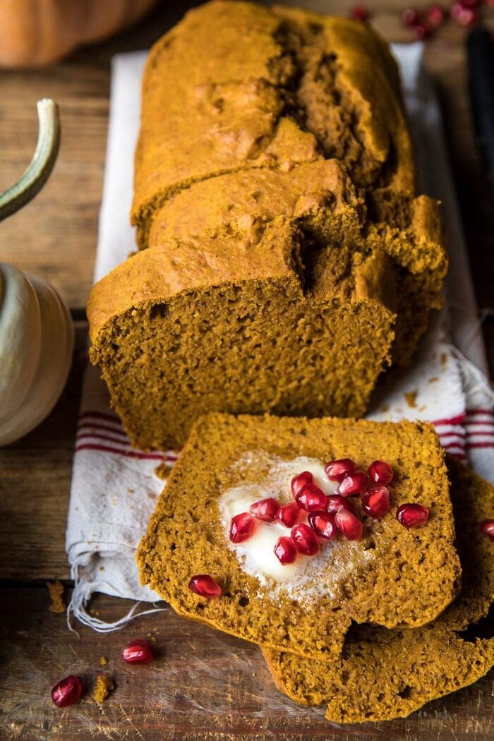 Healthy Pumpkin Ginger Bread | halfbakedharvest.com #healthy #pumpkin #bread #fall #thanksgiving #easyrecipes close up side angle photo of Healthy Pumpkin Ginger Bread